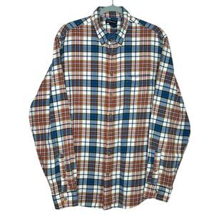 Lands End Flannel Shirt Mens XL Tall Blue Orange Plaid Button Down Outdoor Cabin